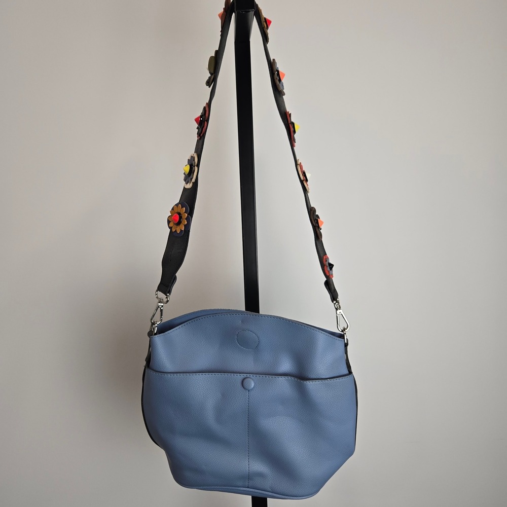 Sondra Roberts Squared Blue Vegan Leather Crossbody Bag Floral Guitar Strap Boho